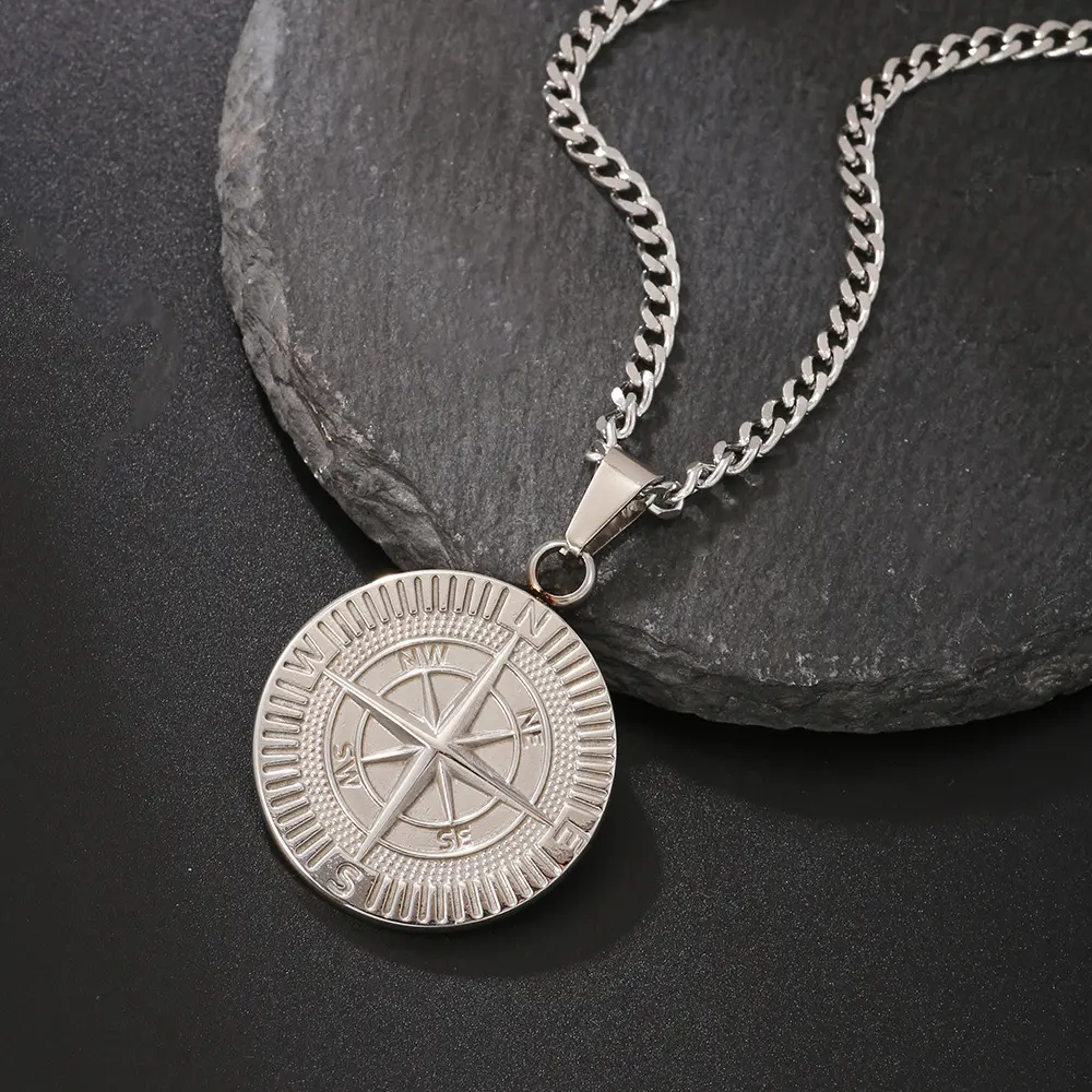 Stainless Steel Compass Necklace for Men, Nautical Safe Journey Pendant, Lightweight Inspirational Mens Gifts for Travelers, Men's Accessories, Classic, Inspirational Traveler's Gift, Lightweight Construction, Rugged Build, Gift For Explorers, Unisex Navi