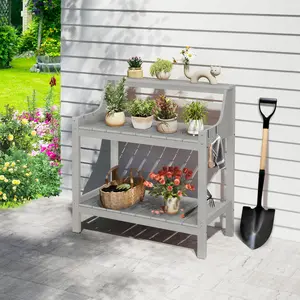 ONBRILL Potting Bench Table, HDPS Potting Bench with 4 Side Hooks, All-Weather Garden Table Work Station, Outdoor Potting Table for Porch, No Rust, No Fade, No Break, 360lbs Capacity