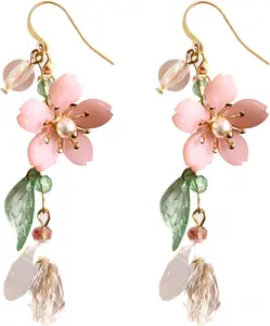 Pink Flower Dangle Earrings for Women Cute Asymmetry Flower Earrings Fairy Statement Summer Refreshing Seaside Idyllic Holiday Earrings