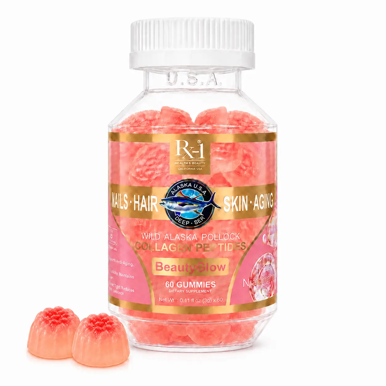 Rx-1 BeautyGlow Hair, Skin & Nails Gummies with Wild Alaska Pollock Collagen Peptides, 3,332 mcg Biotin, Vitamins A, C & E, 60 Count, 30-Day Supply
