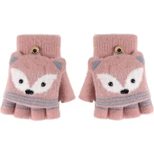 Cartoon Convertible Flip Top Gloves Toddler Kids Winter Wool Knit Fingerless Gloves Mitten Cover for Girls Boys