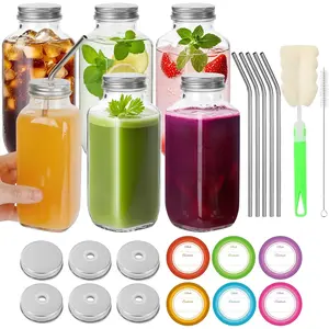 12 oz Glass Juice Bottles with  6 Pack |  & Leakproof Juicing Jars with Airtight & Sipping , Straws & Brushes for Travel, Office, , Gym