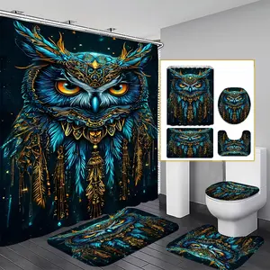 Cute Owl Art Print Waterproof Shower Curtain, Hole Hooked, Cordless Design, Bathroom Decor, Easy Installation