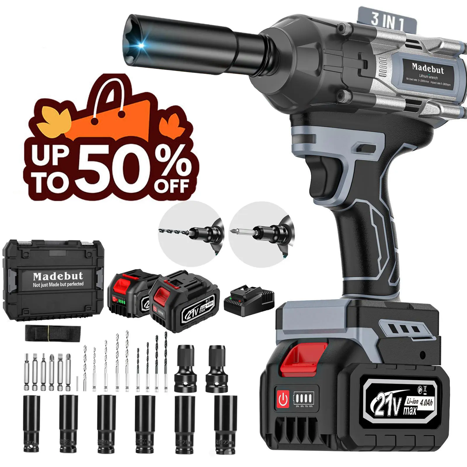 1000N.m Brushless Cordless Impact Wrench, All-Metal Cordless Impact Gun with 2 * 4.0Mah, 3-IN-1 Electric Impact Wrench with 5 Sleeves