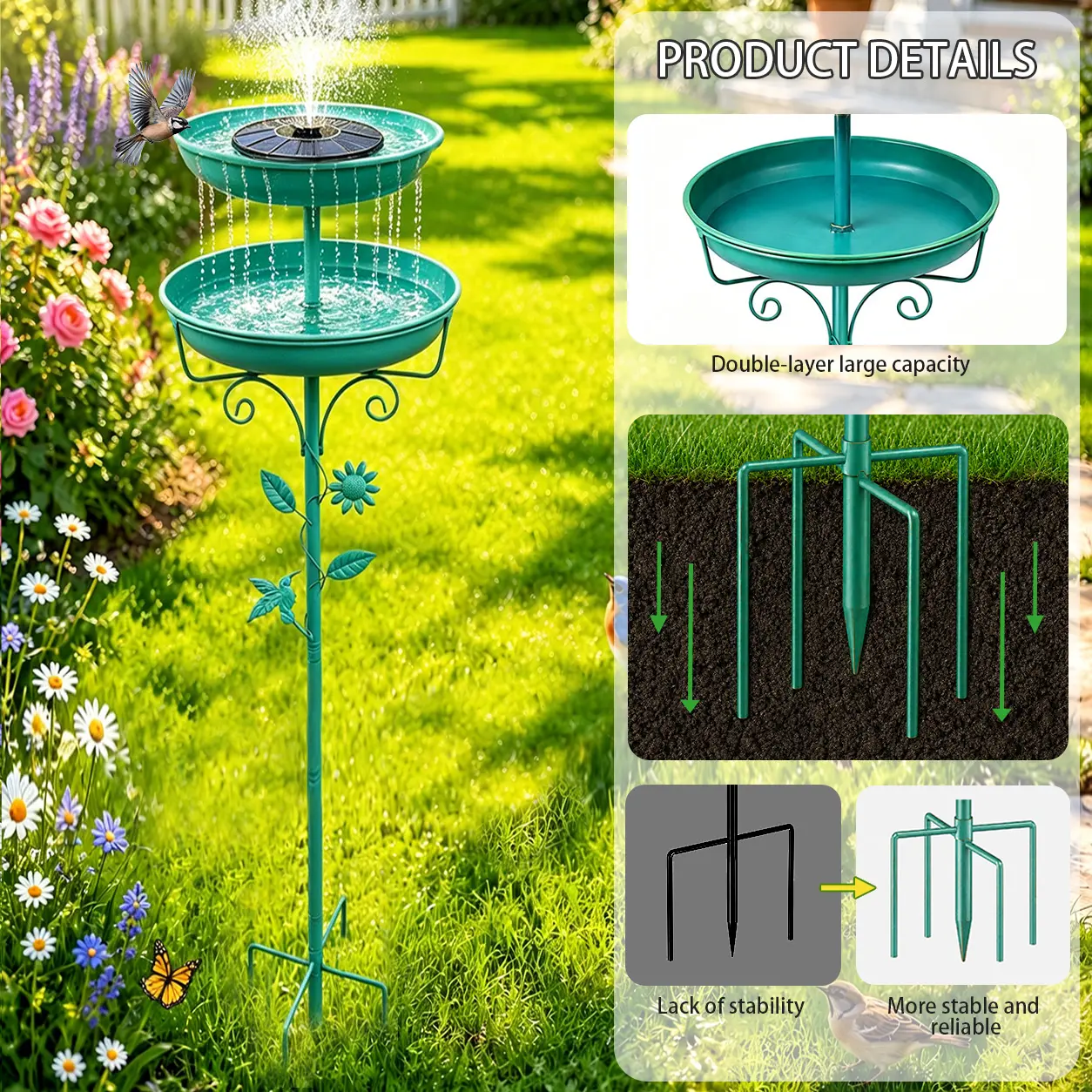 Heavy-Duty Metal Double-Layer Bird Bath Tub with Solar Water Fountain - 5-Claw Stable Base, Durable Construction, Large Size Feeding Basin, Easy Installation & Cleaning, Outdoor Decor, Multifunctional Bird Feeder for Courtyards