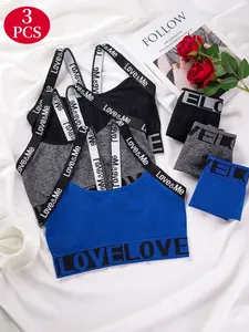 3 Piece Set Love Letter Bralette Underwear Set Seamless Backless Sports Bra + Panties High Stretch Breathable No Steel Cup