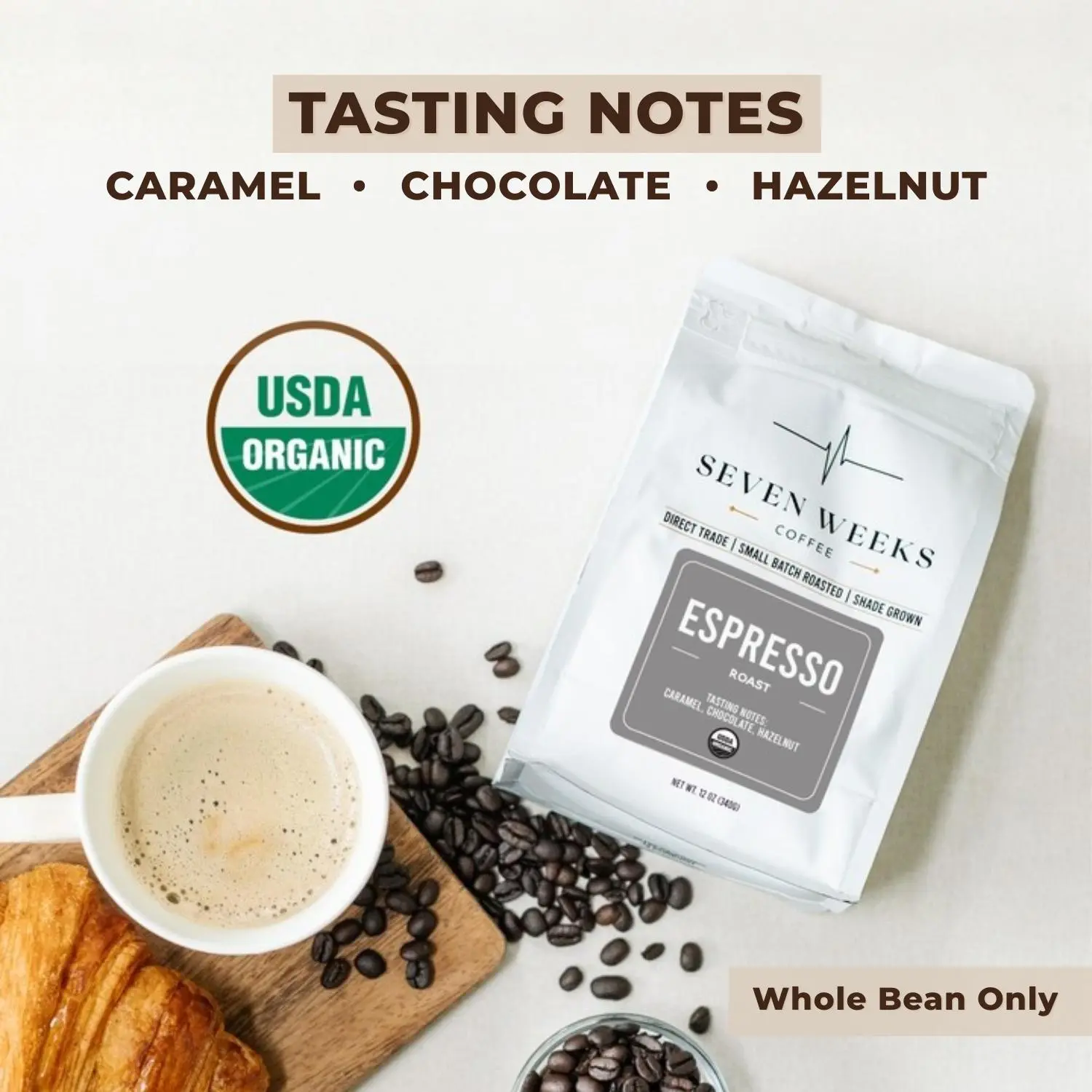 7 Weeks Coffee | Organic Espresso Roast, Whole Bean, USDA Organic, Lab-Tested Mold & Mycotoxin-Free, 12oz, Caramel Notes