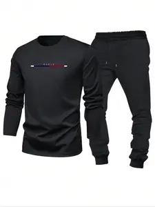Men's Letter Print Sweatshirt & Drawstring Waist Sweatpants Two-piece Set, Letter Print Tracksuit, Casual Round Neck Long Sleeve Pullover & Pocket Jogger Pants for Spring & Fall, Men's Clothes for Daily Wear Sweatsuit with Pockets, Workout Casual Wear