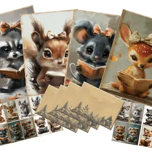 Woodland Animal Pattern Card Sticker & Envelope Set, 50pcs/set DIY Scrapbooking Paper, Greeting Card, Scrapbooking, Paper Craft, Postcards, Scrapbook Materials