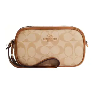 COACH Jamie 18 Classic Monogram Zip Camera Bag, Clutch, and Coin Purse for Women – Coated Canvas and Leather Blend in Light Khaki