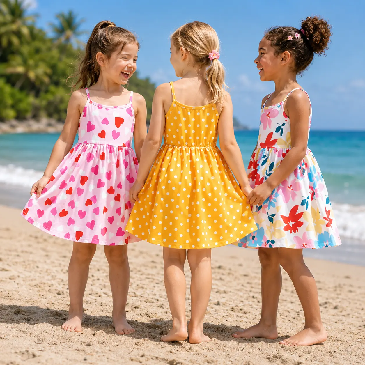 3-Pack Girls Summer Sundresses for 4-7 Years | Cute Heart, Polka Dot & Floral Print | Soft Sleeveless Casual Play Dresses for Little Girls