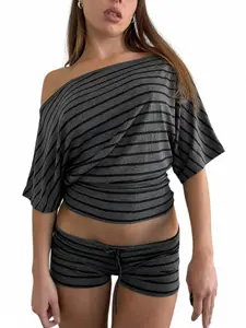 Striped Batwing Sleeve T-Shirt and Shorts Set Matching Outfit Set Y2K Vintage Casual Street Fashion Sportswear Womenswear for Women Spring Summer, Streetwear Fashionable Shorts Set