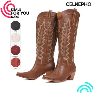 CELNEPHO Women Cowboy Boots Western Embroidery Design Retro Knee High Boot Block Heel Side Zipper Closure Easy Pull on Country Wedding Gift Everyday Wear Cowgirl Dress Shoes Deals For You Days