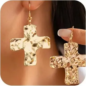Chunky Big Hammered Cross Drop Dangle Earrings for Women Trendy, Bold Thick Large Cross Hook Earrings Dainty Faith Chain
