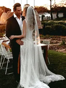 A female bridal accessory, European and American pearl veil, 3-meter trailing long veil, hair comb style wedding dress accessory, bridal veil, Wedding Veils For Brides, wedding travel photo, beach church, long trailing large veil
