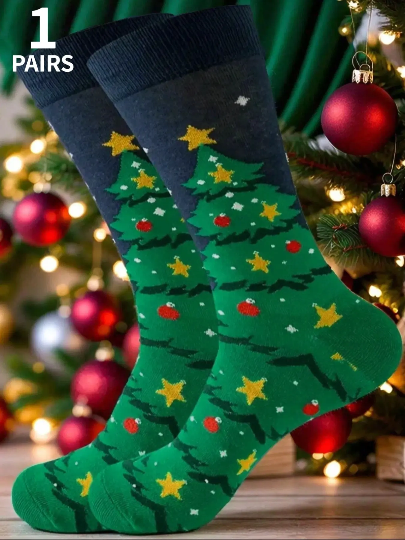 1 pair of interesting cartoon-patterned men's Christmas tree knit blend socks, soft and comfortable holiday socks, unique gift idea for this seasonresent, Socks Pairs