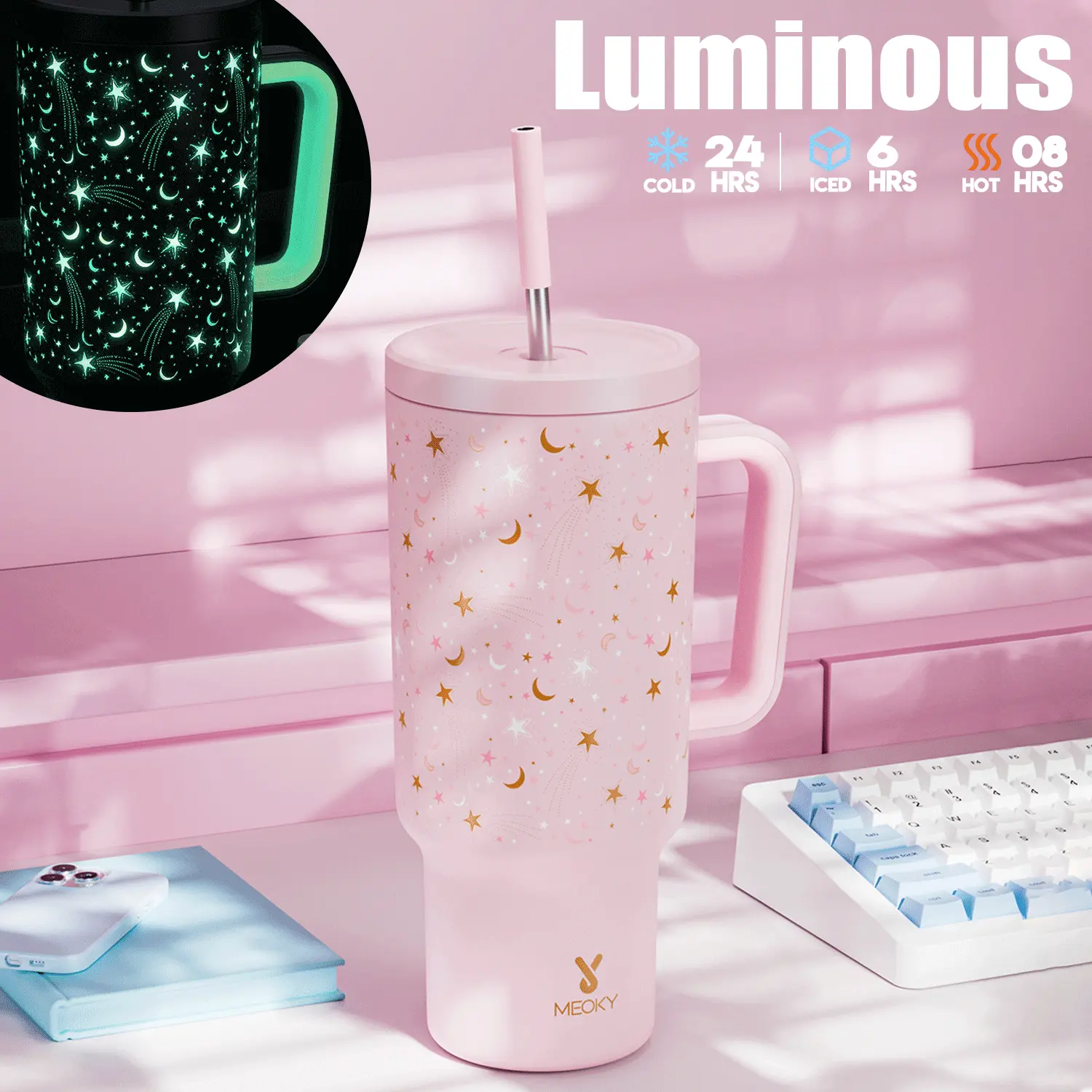 MEOKY 40oz Glow-in-the-Dark Tumbler with Handle - Double Wall Insulated Stainless Steel Flask, Leakproof, Non-Slip Base, Car-Friendly BPA-Free Straw Mug, Father's Day Gift