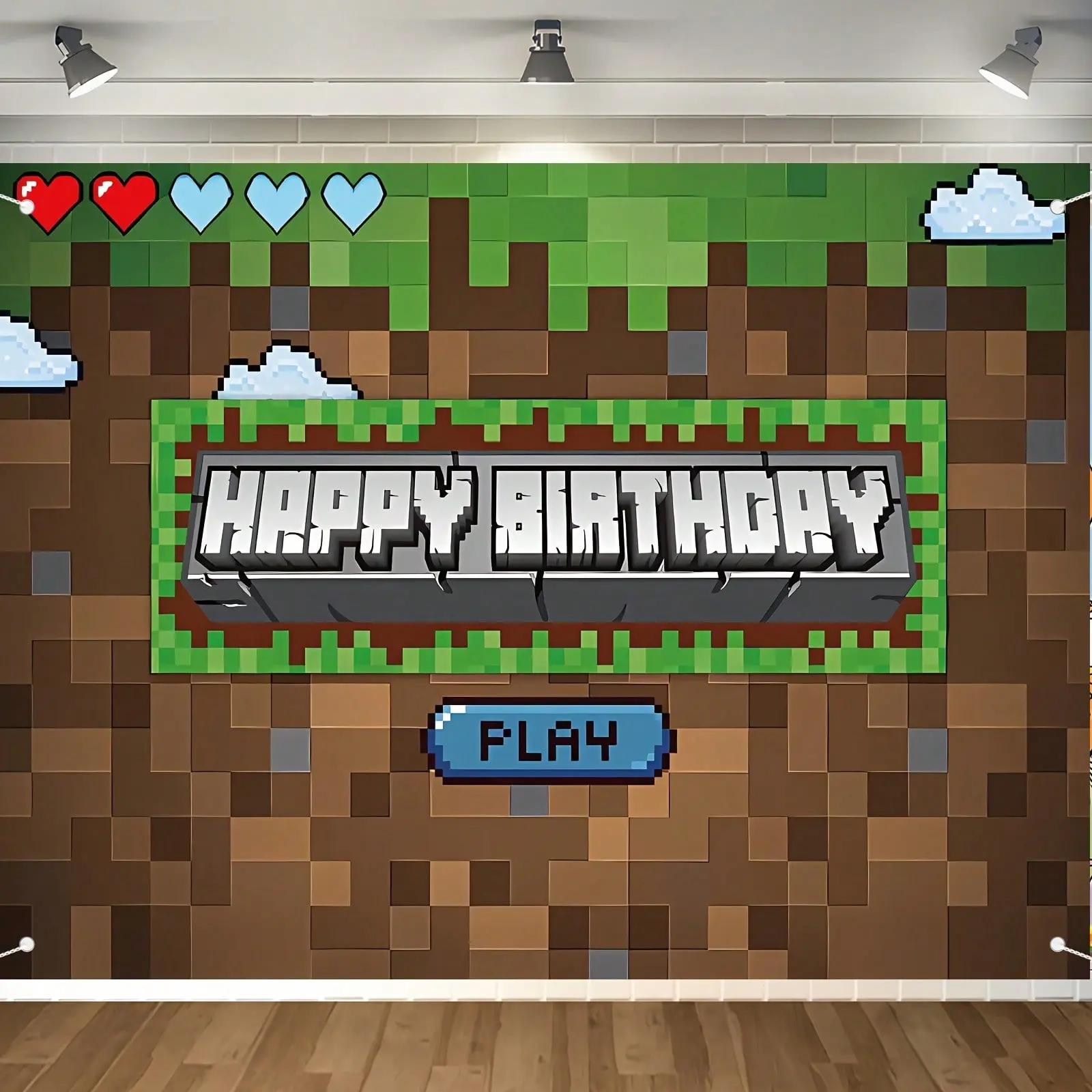 Video Game Themed Birthday Party Backdrop, Flay Design Blue Pixel Elements, Photography Background Props, Multiple Sizes Available