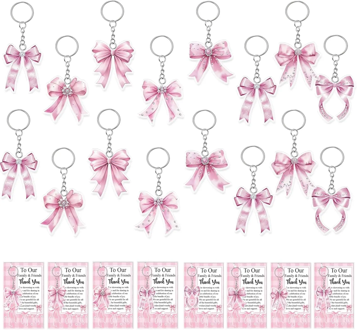 32-Piece Durable Unisex Pink Coquette Animal Bow Double-Sided Acrylic Keychain Set, with Thank-You Cards, Organza Bags, 8 Cute Designs - Keychain Accessories for Birthday Party Favors, Baby Shower, Classroom Games, Home Supplies, Animal Bows
