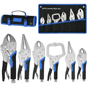 6-Piece Locking Pliers Set, Heavy Duty Vice Grips Pliers Kit with 6-1/2"& 9-1/2" Needle Nose, 5"&7"&10" Curved Jaw & 6" C-Clamp Locking Plier, Professional Vise Grip Tools with Rolling Pouch outdoorfun