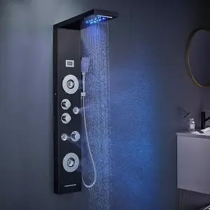 LED Rainfall Waterfall Shower Head Rain Massage System with Body Jets Stainless Steel Bathroom Shower Panel Tower System, Black