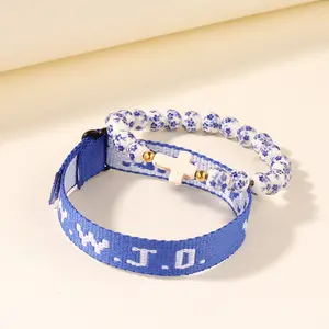 Blue and White Porcelain Cross Bracelet with Woven Strap – Personalized 'W.W.J.O.'Adjustable Bracelet for Men and Women, Faith and Friendship Jewelry