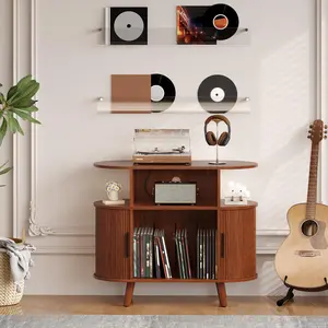 Garvee Large Round Record Player Stand with Charging Station and USB Ports, Rustic Vinyl Turntable Storage Cabinet with Open Shelves, Mid-Century Design, Functional and Stylish Music Equipment Organizer