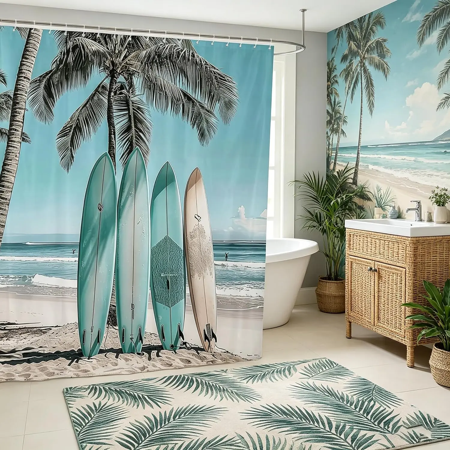 Summer Beach Shower Curtains Sea Beach Surfboard Bathroom Curtains,Tropical Palm Tree Blue Ocean Theme Waterproof Bath Curtains Suits for Bathtub