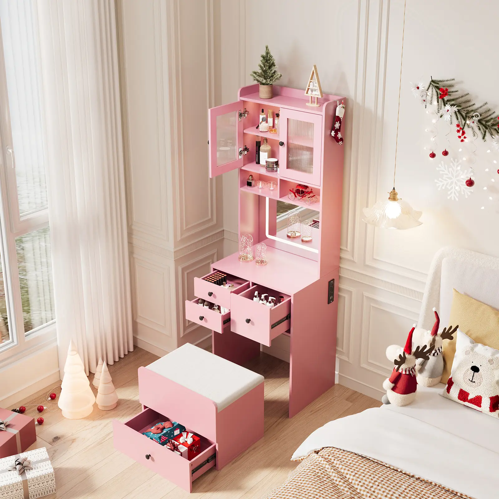 Sliding Lighted Mirror Vanity with Spacious Drawers, Modern Makeup Table for Bedroom, Dressing Station with Sleek Contemporary Design