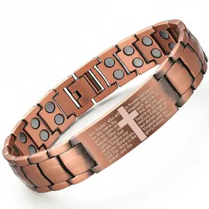 Men's Magnetic Bracelet with Cross Charm - Strong Magnetic Beads for, Adjustable Brown-Toned Link Design - Daily Wear & Gift for Dad, Boyfriend (Halloween/Thanksgiving) - Durable Magnetic for Men