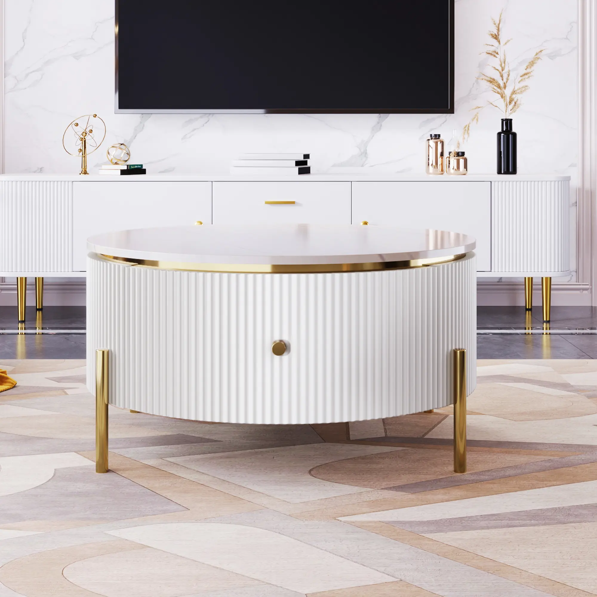 Bellemave Modern Round Coffee Table - 31.5-in, 2 Large Storage Drawers, Marble Pattern, Golden Legs, Foldable MDF Construction for Clutter-Free Living Room (round, circle, collapsible coffee tables), Round Coffee Tables