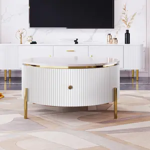 Bellemave Modern Round Coffee Table with 2 Large Drawers Storage Accent Table 31.5 Inch Marble Pattern Golden Legs Foldable MDF Construction for Clutter-Free Living