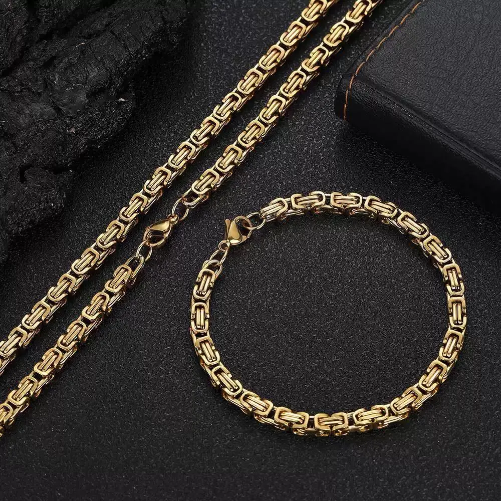 2-piece set,14K real gold-plated Franco & Byzantine necklace and bracelet set, jewelry set — 5.5 mm, 24 inches, elegant 3D design, simple and versatile, hip-hop style