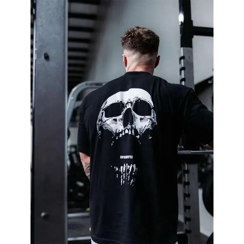 NEW Skull Print Gym T-Shirt | Oversized Cotton Workout Tee - Budget-Friendly Pick  zsg08