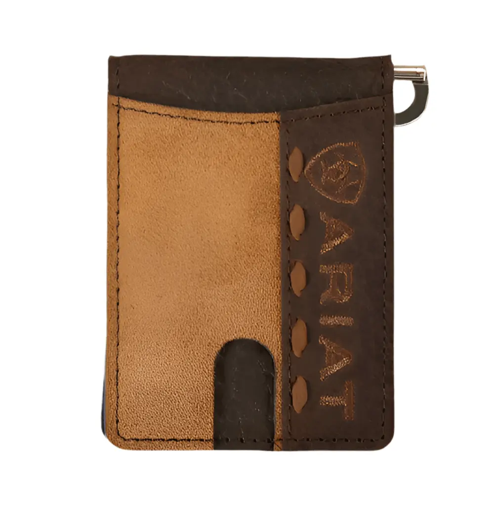 Ariat Men's Western Roughout Leather Bi-Fold Wallet with Buck Lace Stitching, Chocolate Overlay, and Exterior Money Clip, Card Slots