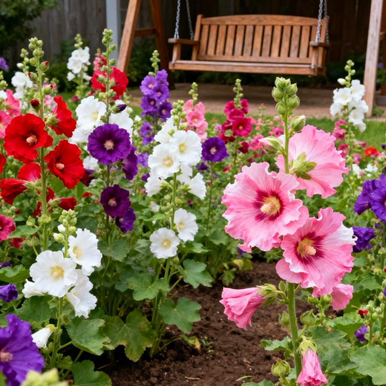 Double Hollyhock Seeds 'Radiant Rose' – Mixed Colors, Non-GMO Heirloom Variety Hardy Biennial for Vibrant, Tall Blooms | Ideal for Outdoor Gardens, Flower Pots & Decorative Planting