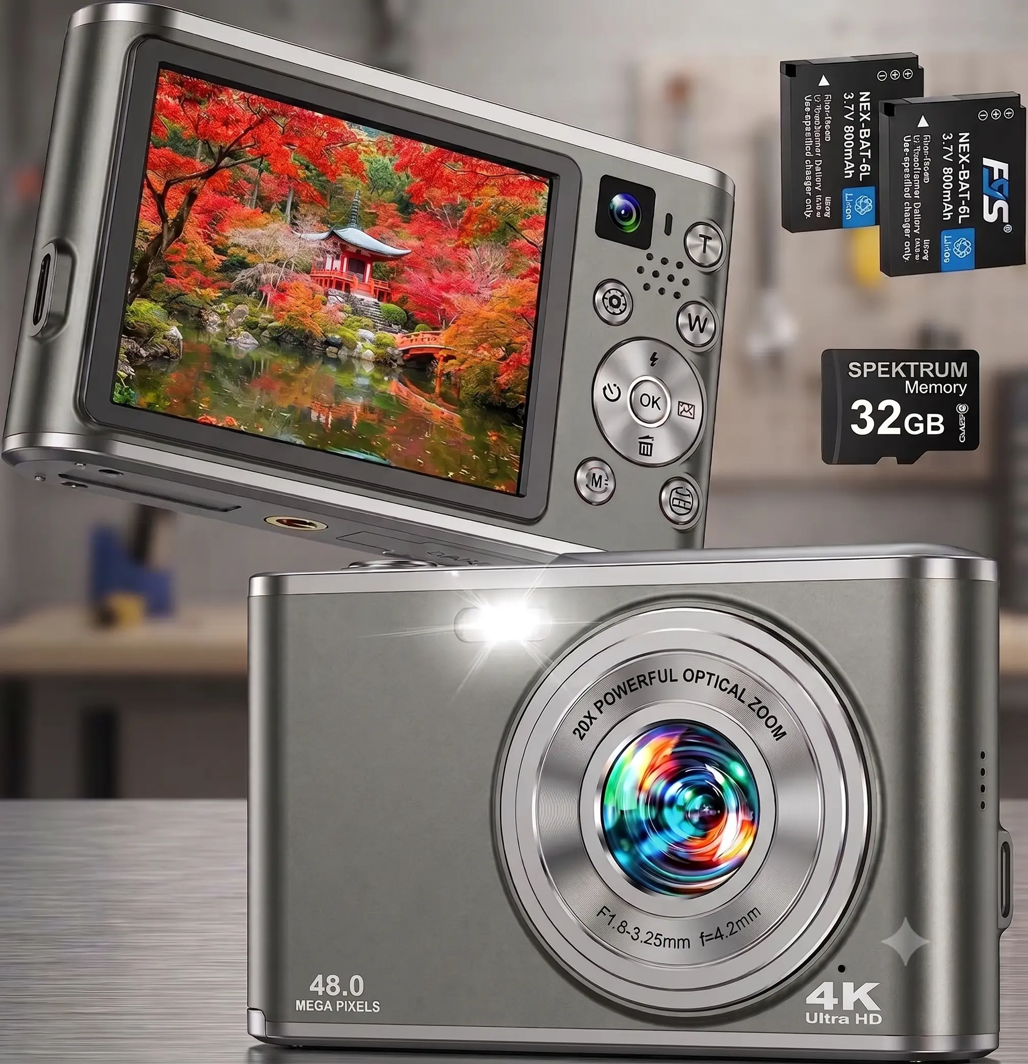 2026 Upgraded 4K Digital Camera for Photography, Dual Lens Autofocus Compact Digital Camera with 16X Zoom, Anti-Shake, Flash, 2 Batteries, 2.8" Screen, Vlogging Camera for YouTube, 32GB Card