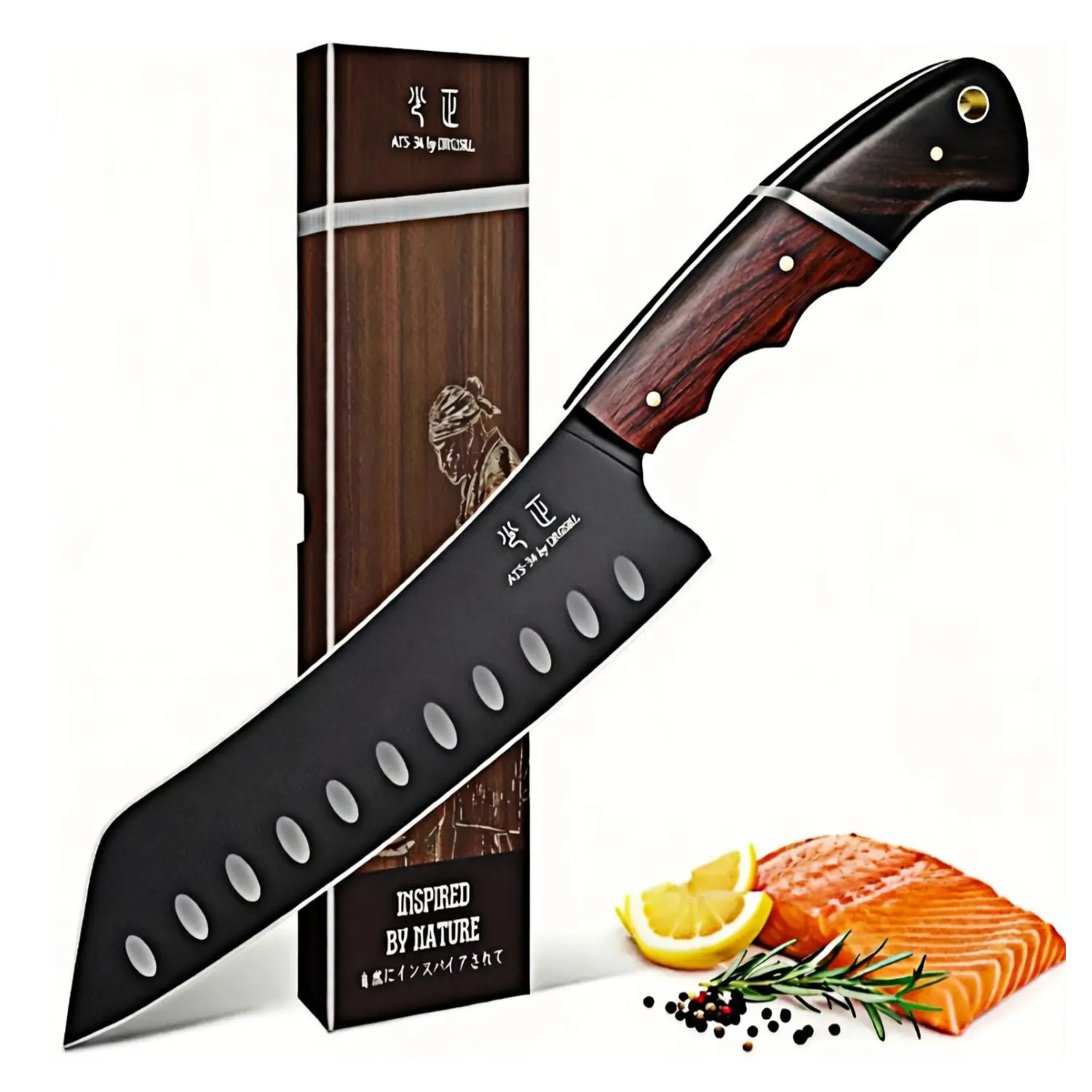 DRGSKL Santoku Knife 7 Inch - Japanese Chef Knife for Fish, Bunka Knife for Meat, Kiritsuke Knife for Vegetables, Black Slicing Knives with Full Tang Handle, Gift for Men Women
