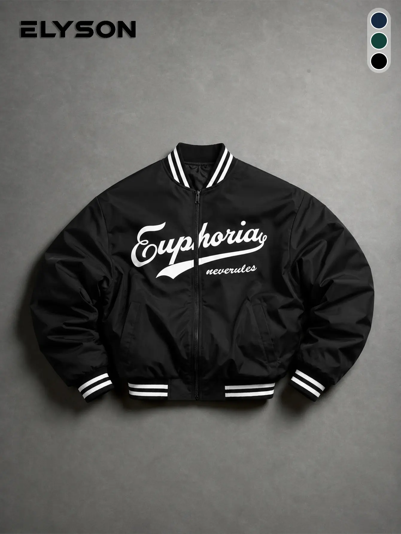 Men's zip-up bomber jacket with striped ribbed cuffs and letter print, lightweight casual outerwear