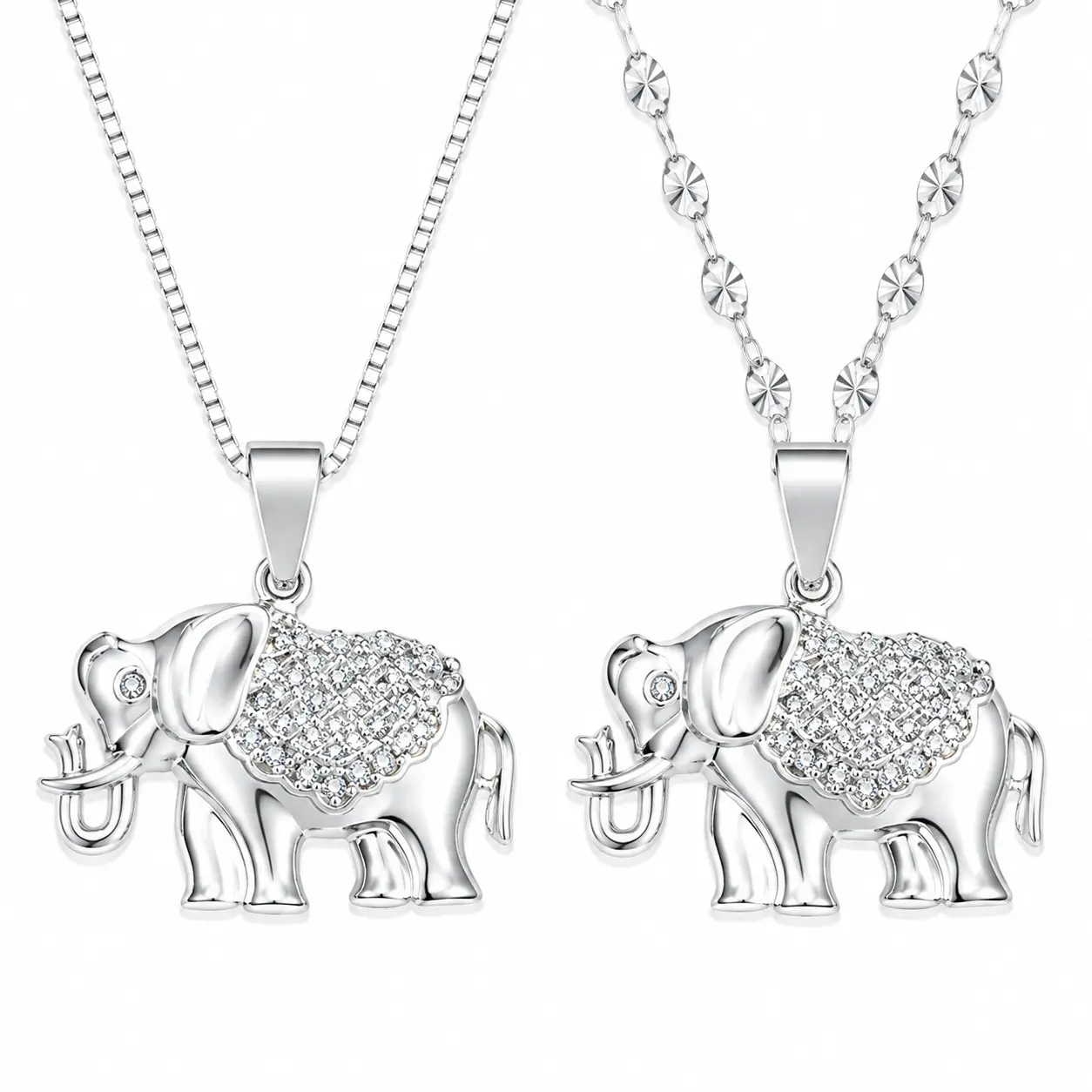 S925 Lucky Elephant Necklace Set in 18'' Two Option Chain in Fine Silver Plated