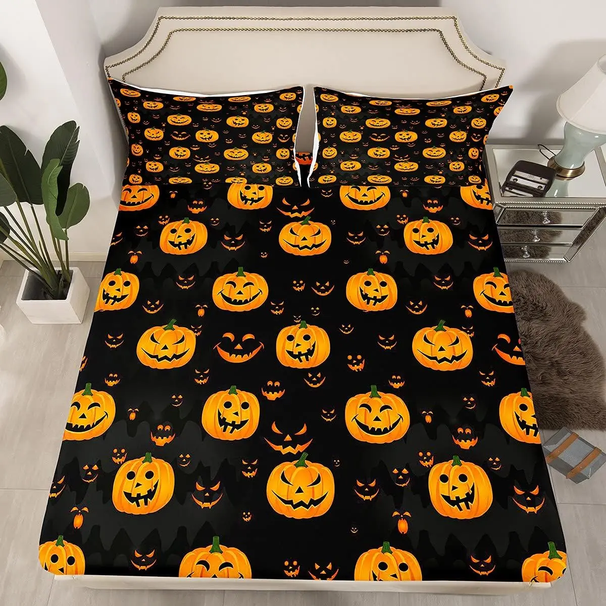 Feelyou Cute Halloween Themed Bedding Set, Funny Pumpkin Fitted Sheet, Orange-Black Cartoon Festival Decor Bedding Sheets, Bedding Sets, Decorative Bedding, Queen Bedding Sets