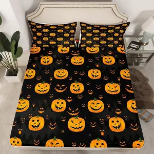 Feelyou Cute Halloween Themed Bedding Set, Funny Pumpkin Fitted Sheet, Orange-Black Cartoon Festival Decor Bedding Sheets, Bedding Sets, Decorative Bedding, Queen Bedding Sets