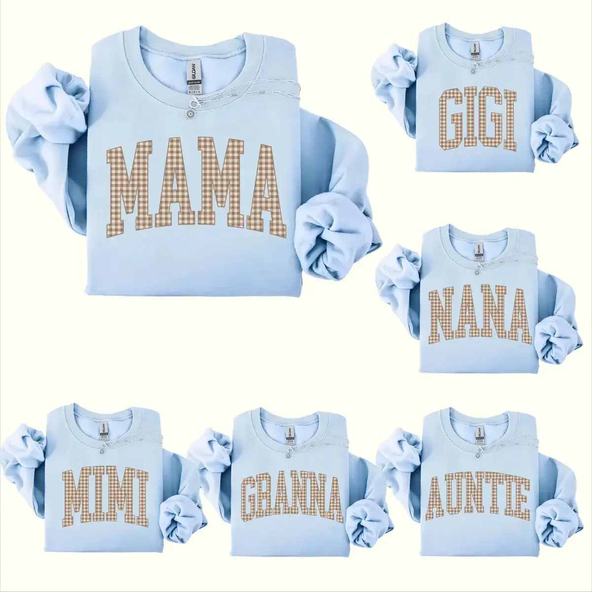 Customize Gingham Mama Sweatshirt, Personalized Mama Shirt Vintage Mama Shirt Trendy Mama Shirt Mothers Day Gift New Mama Baby Shower Pregnancy Announcement Shirt, Light Blue - TrendWear USA