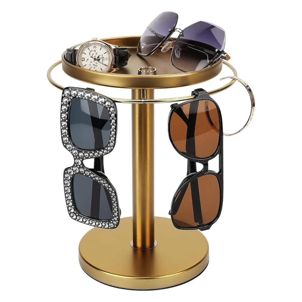 360° Rotating Sunglasses Organizer – Stainless Steel Glasses Holder Stand with Tray for Desk & Dresser