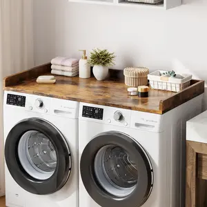 54" Washer Dryer Countertop with 2-Tier Shelf & 2 Drawers， Wooden Laundry Countertop with Non-Slip Pad and Guard Rails Washer and Dryer Topper for Laundry Room Organization and Storage