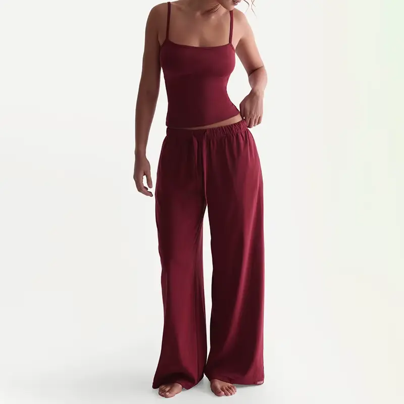 Soft Material Spaghetti Strap Tank Top & Sweatpants Casual Set for Women Comfortable Everyday Wear in Black & Khaki