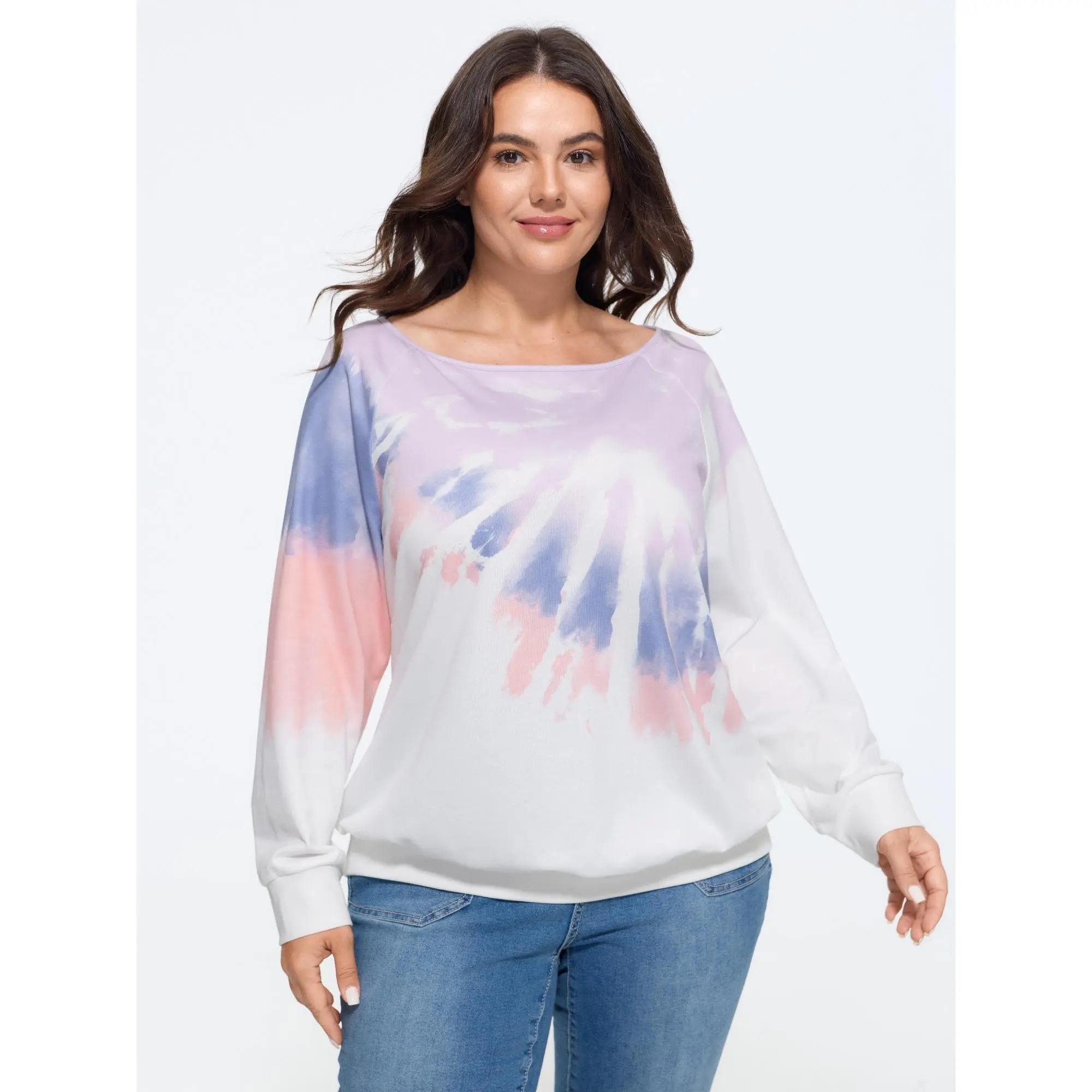 BLOOMCHIC Plus Size Boat Neck Tie‑Dye Sweatshirt[M-6X] Back To School,Spotlight Day