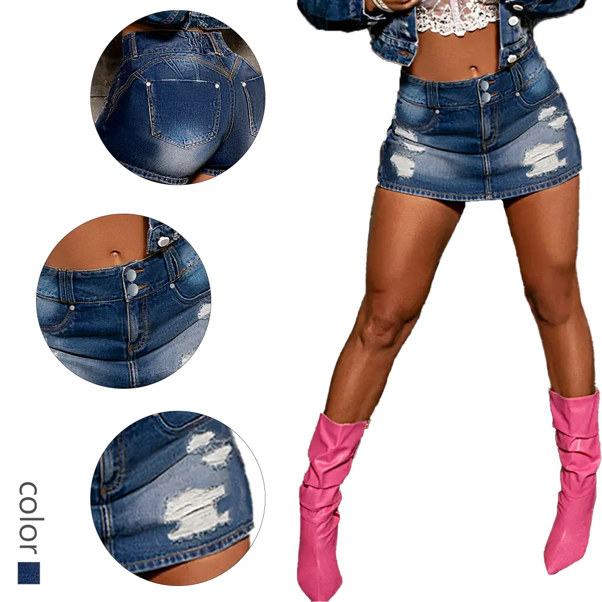 Women's Dark Wash Denim Mini Skirt - Ripped Distressed Jean Skirt with High Waist & Edgy Details