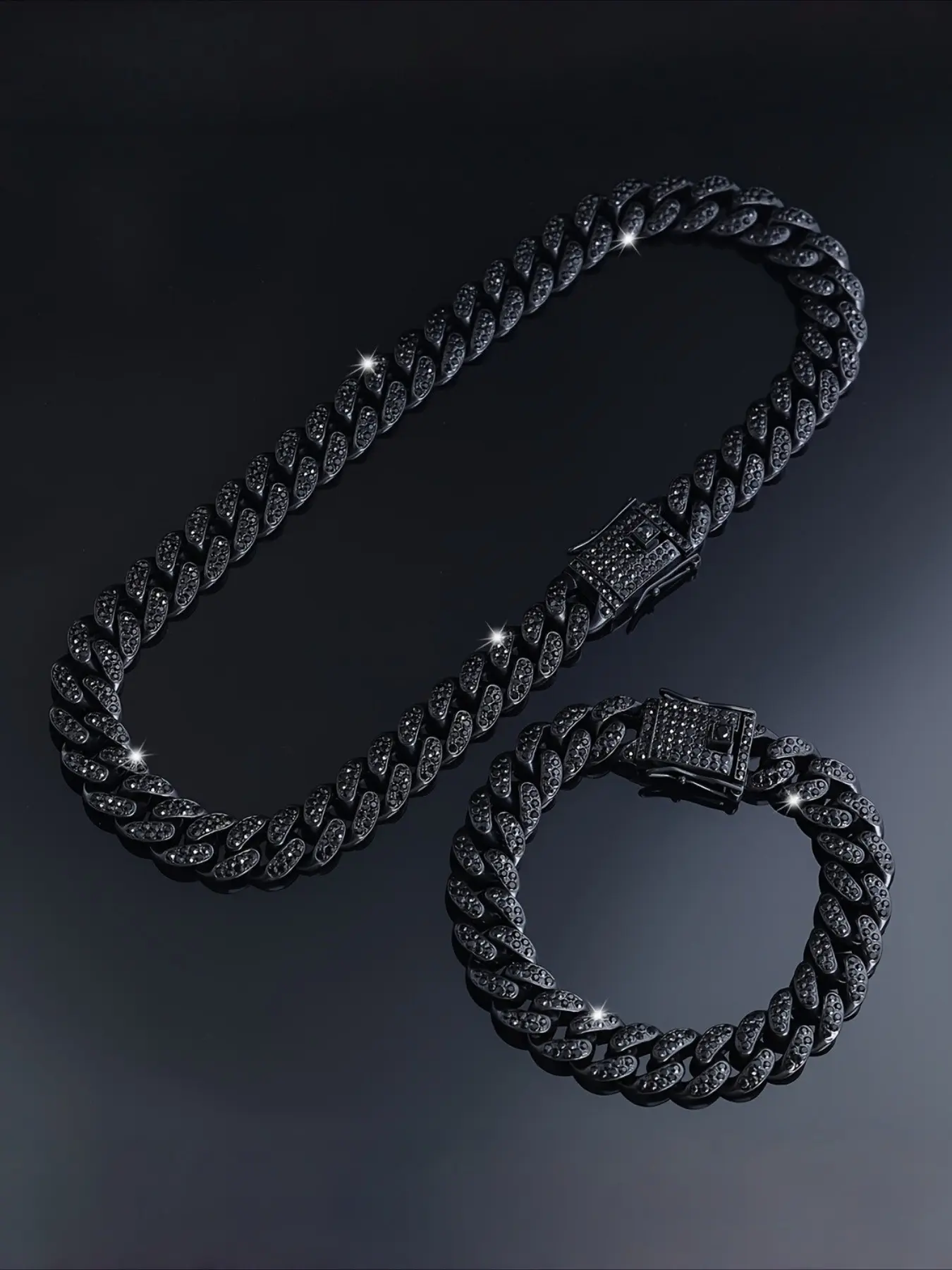 Set of 2 Black Cuban Link Chains, Men's Necklace and Bracelet Fashion Jewelry Set, Classic Hip Hop Choker Necklace, Gift for Boyfriends, Sons and Fathers