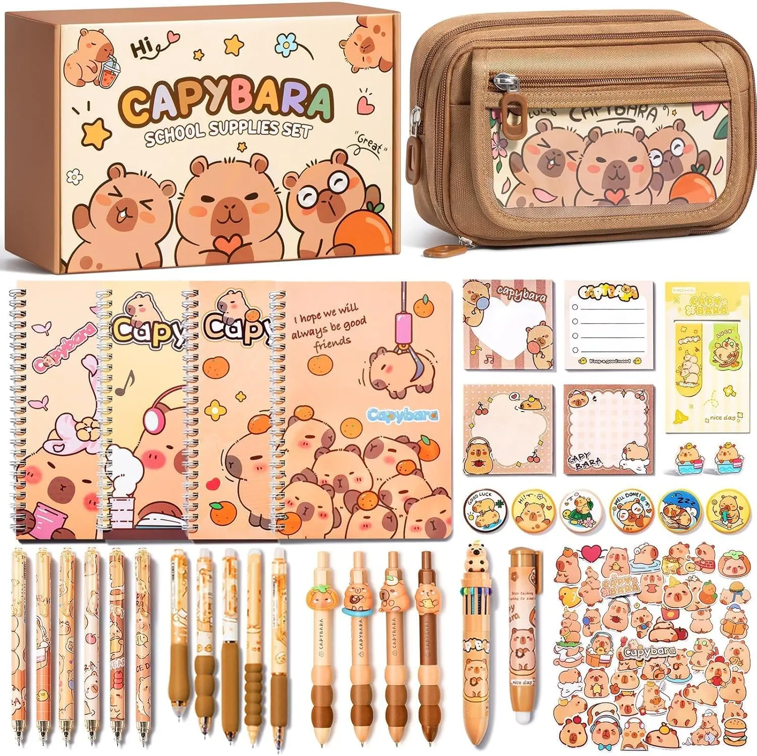 School Supplies for Girls, 36 count Cute Capybara Stationery Set with Pencil Case Gel Pens Pencils Stickers Pins Notebooks Sticky Notes Kawaii Birthday Gifts for  Elementary